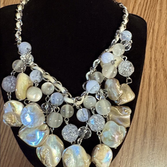 VINTAGE IRIDESCENT MOTHER OF PEARL SHELL AND BEADED BIB CORDED 17-20" NECKLACE - Picture 5 of 9